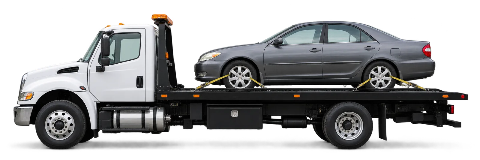 Illustration of a white flatbed tow truck carrying a grey sedan
